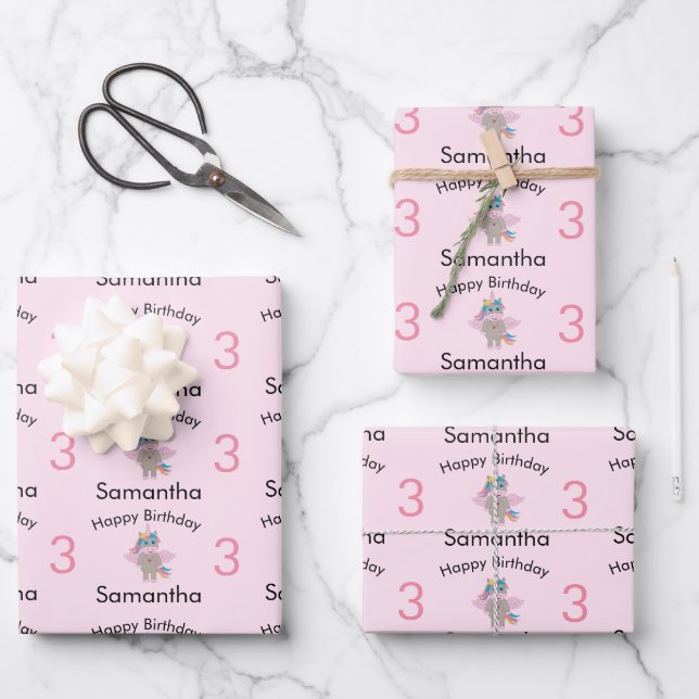 Niedlicher Regenbogen Einhorn Rosa Mädchenname & A Geschenkpapier Set (Vorderseite)