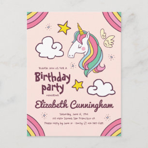 Niedlicher Regenbogen Einhorn Sterne Geburtstag Einladungspostkarte