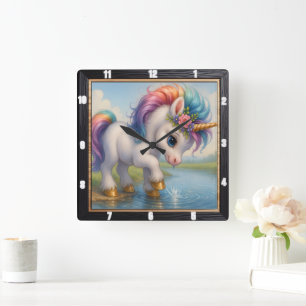 Niedlicher Regenbogen Einhornschlag Quadratische Wanduhr
