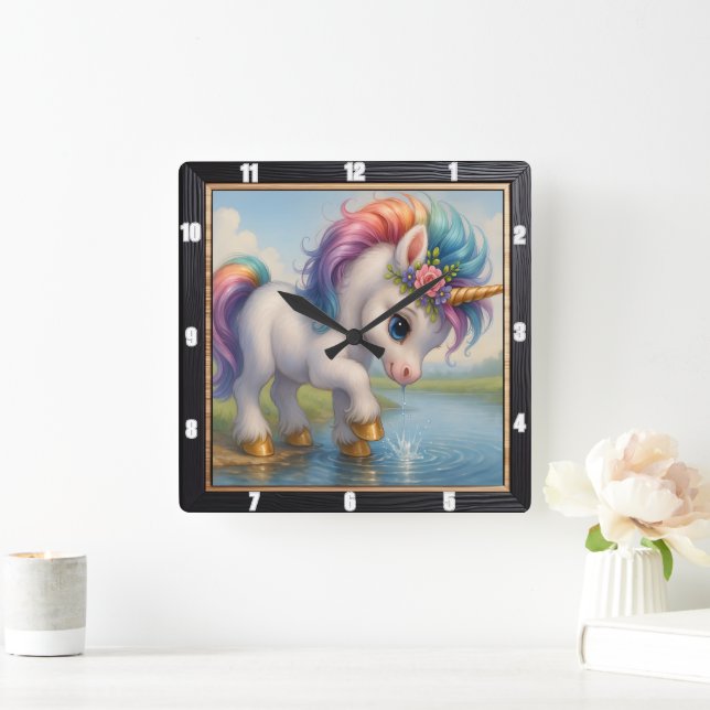 Niedlicher Regenbogen Einhornschlag Quadratische Wanduhr (Zuhause)