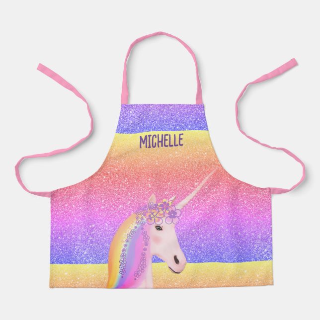 Niedlicher Regenbogen Glitzer Einhorn Personalisie Schürze (Vorderseite)