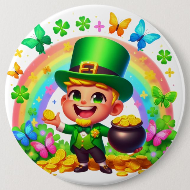 Niedlicher Regenbogen-Leprechaun mit Gold Button (Vorderseite)