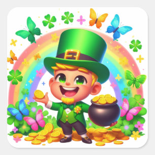 Niedlicher Regenbogen-Leprechaun mit Gold Quadratischer Aufkleber