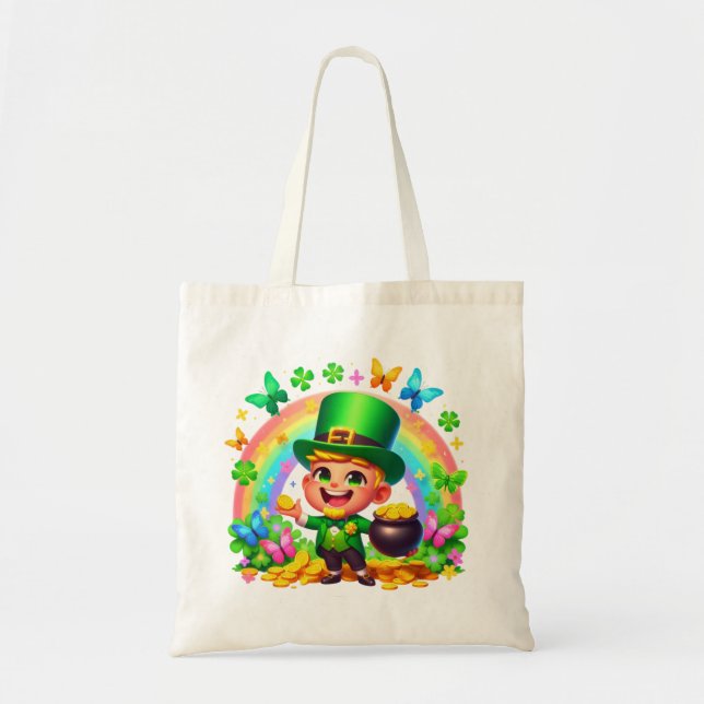 Niedlicher Regenbogen-Leprechaun mit Gold Tragetasche (Vorne)