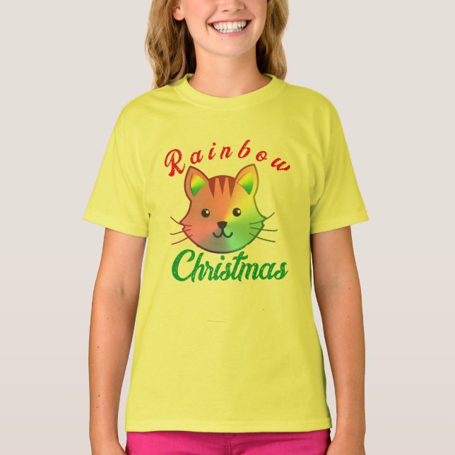 Niedlicher Regenbogen meowy Weihnachten Kinder Wei T-Shirt (Vorderseite)