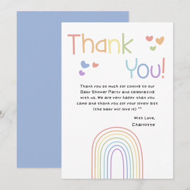 Niedlicher Regenbogen mit Hearts Baby Dusche Dankeskarte (Vorne/Hinten)