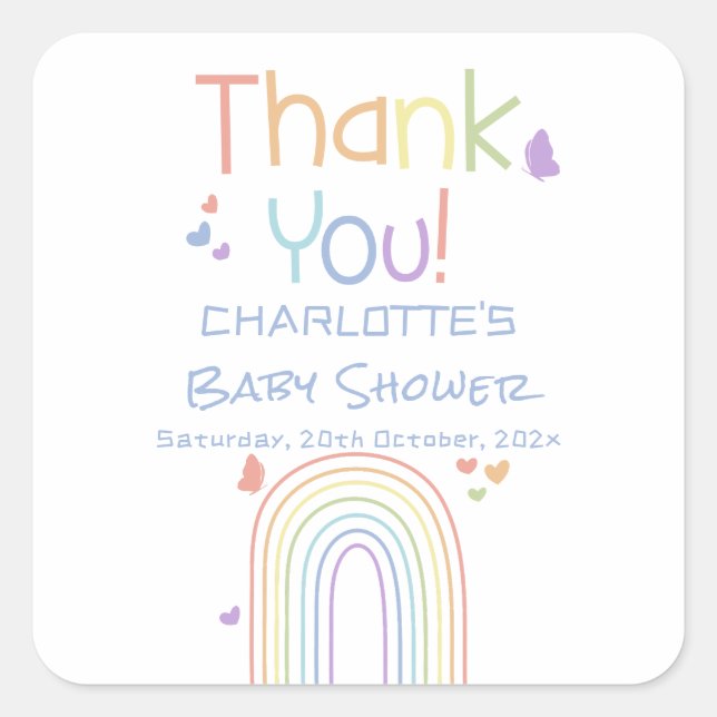 Niedlicher Regenbogen mit Hearts Baby Dusche Quadratischer Aufkleber (Vorderseite)