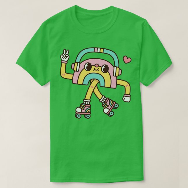 Niedlicher Regenbogen mit Kopfhörern und Rollern-S T-Shirt (Design vorne)