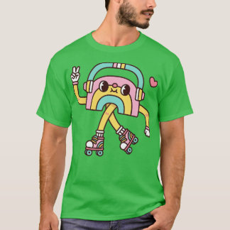 Niedlicher Regenbogen mit Kopfhörern und Rollern-S T-Shirt