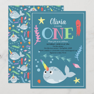 Niedlicher Regenbogen Narwhal Ocean und Name 1. Ge Einladung
