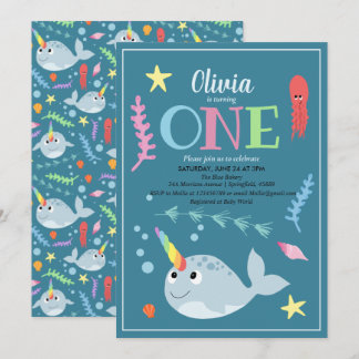 Niedlicher Regenbogen Narwhal Ocean und Name 1. Ge Einladung