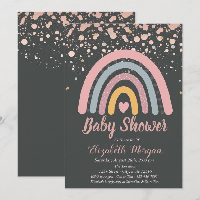 Niedlicher Regenbogen, Rose Gold Dots Kinderdusche Einladung (Vorne/Hinten)