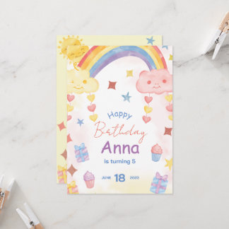 Niedlicher Regenbogen, Sonne und Wolken zum Geburt Einladung