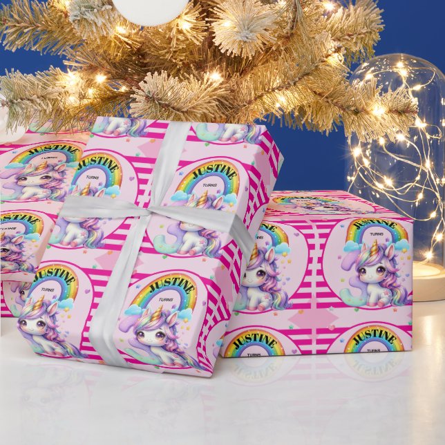 Niedlicher Regenbogen und Einhorn 3. Geburtstag Geschenkpapier (Feiertage)