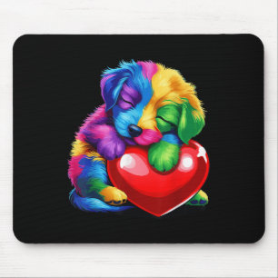 Niedlicher Regenbogen Welpe umarmt Valentine Herzk Mousepad