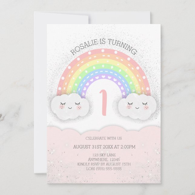 Niedlicher Regenbogen & Wolken Einladung zum Gebur (Vorderseite)