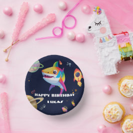 Niedlicher Regenbogenhai Galaxy Rocket Geburtstags Pappteller