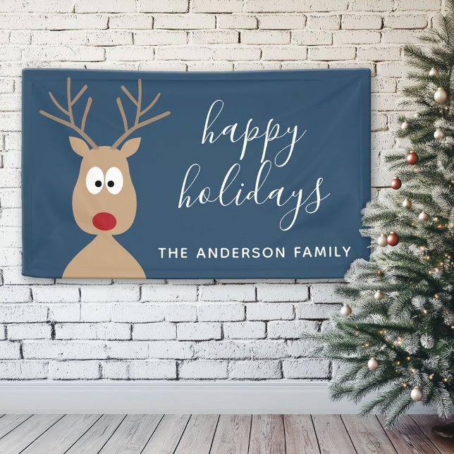 Niedlicher Rentier-Cartoon mit Familiengruß blau Banner (Custom Christmas Holiday Banner)