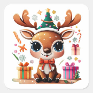 Niedlicher Rentier Frohe Weihnachtsgeschenke Happy Quadratischer Aufkleber