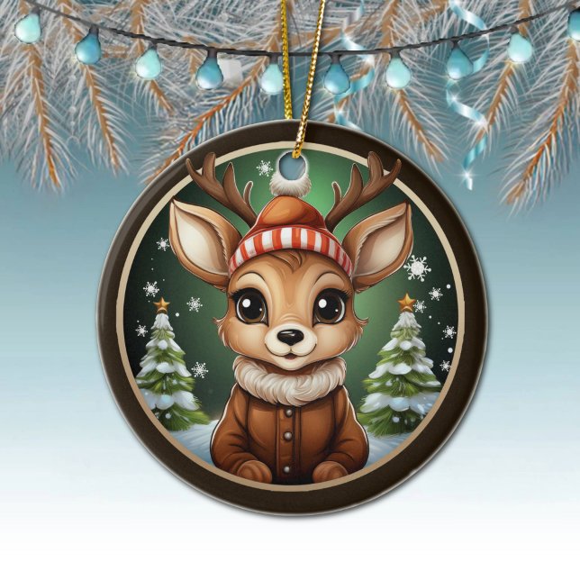 Niedlicher Rentier, Hirsch, Antler, Dos, Weihnacht Keramik Ornament (Cute Rustic Reindeer hanging Christmas Decor, Deer, Antlers, Doe, Fawn Xmas Snow Ceramic Ornament)