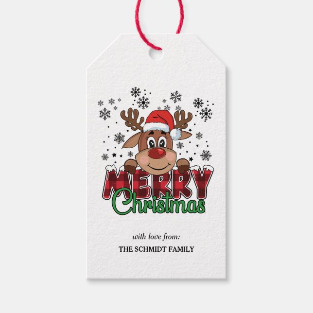Niedlicher Rentier in Weihnachtsmannmütze | Frohe  Geschenkanhänger (Vorderseite)