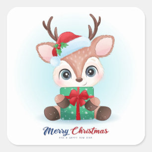 Niedlicher Rentier und präsentiert frohe Weihnacht Quadratischer Aufkleber
