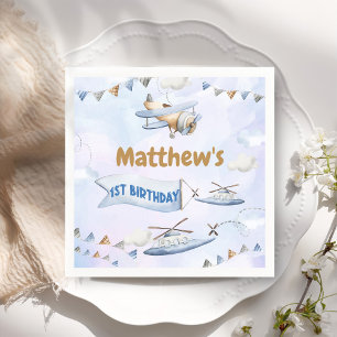 Niedlicher Retro Blue Airplane 1. Geburtstag Serviette