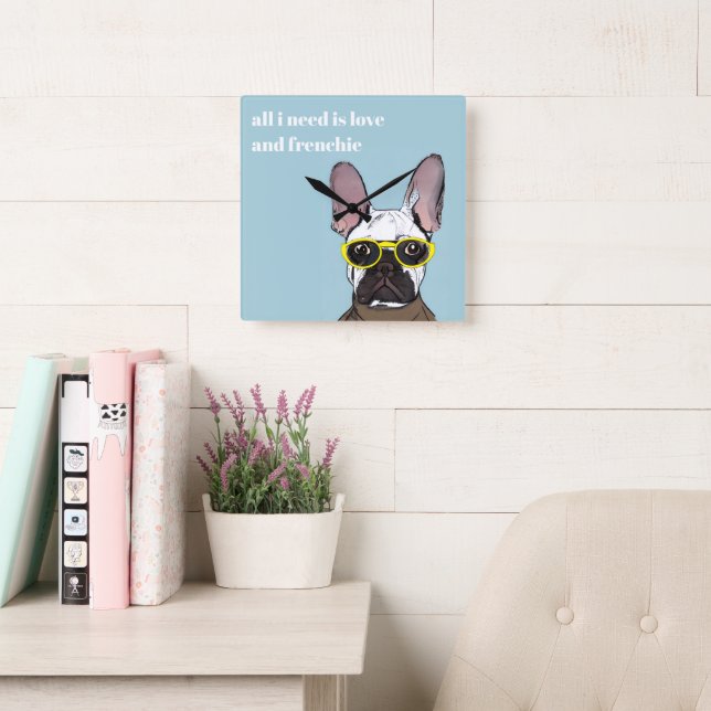 Niedlicher Retro Blue Bulldog mit Neon-Brille Quadratische Wanduhr (Lesesaal)