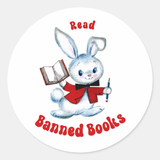 Niedlicher Retro-Bunny - Bücher lesen Runder Aufkleber (Vorderseite)