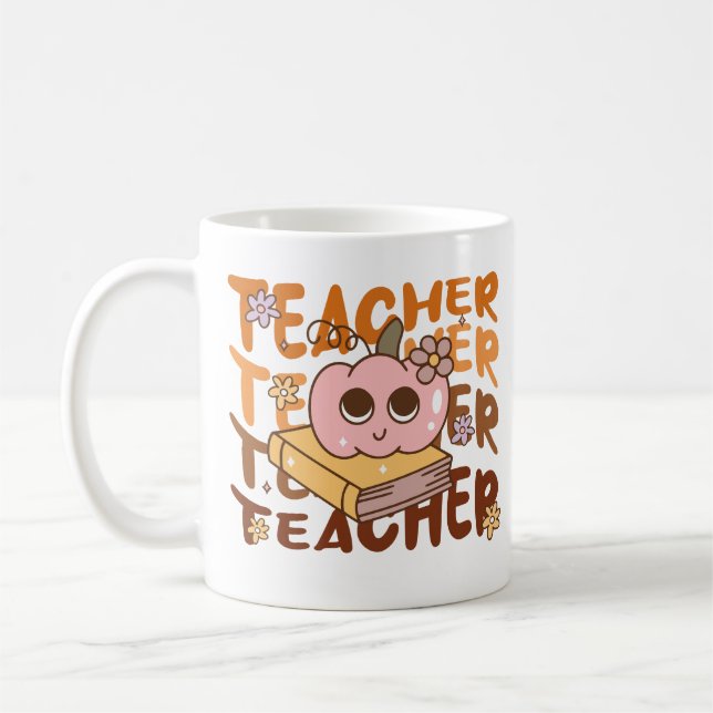 Niedlicher Retro Fall Teacher Pumpkin Halloween Kaffeetasse (Links)