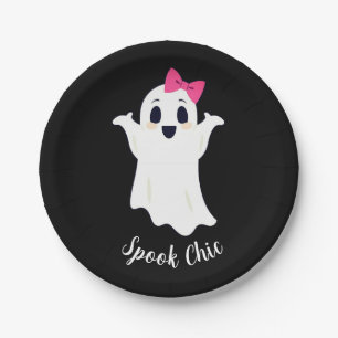 Niedlicher Retro Girl Ghost mit rosafarbenem Haarb Pappteller