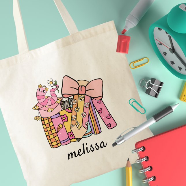 Niedlicher Retro Groovy Rosa Stift Buchcoquette Tragetasche (Von Creator hochgeladen)