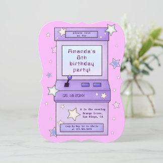 Niedlicher Retro Lila Arcade Game Kindergeburtstag Einladung