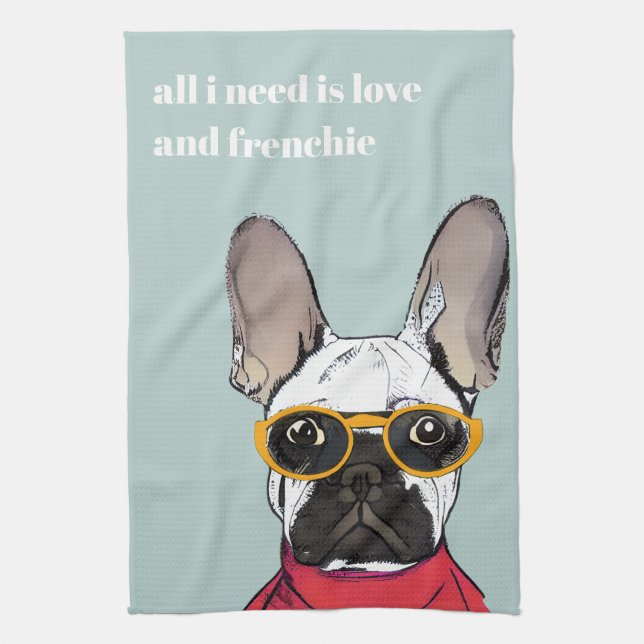 Niedlicher Retro Red French Bulldog mit Neon-Brill Geschirrtuch (Vertikal)
