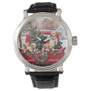 Niedlicher Retro Red LKW mit Welpen Hunde Armbanduhr