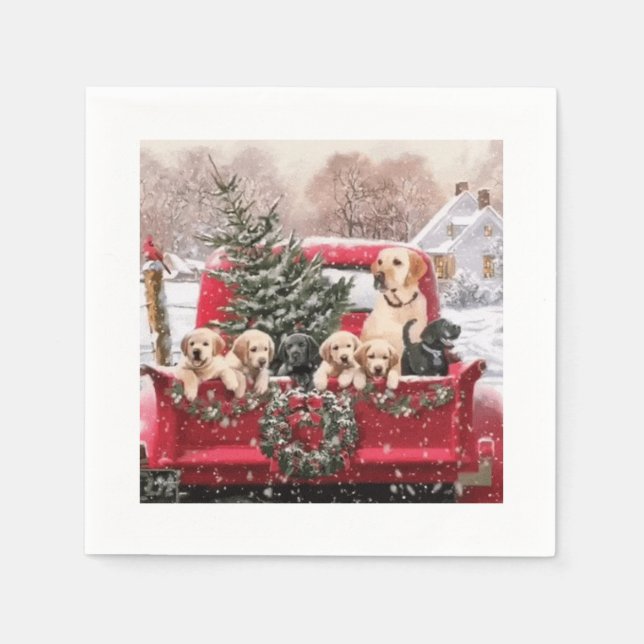 Niedlicher Retro Red LKW mit Welpen Hunde Serviette (Vorderseite)