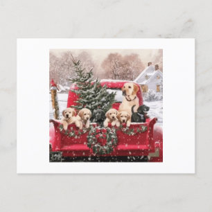 Niedlicher Retro Red Truck mit Welpen Hunde Feiertagspostkarte