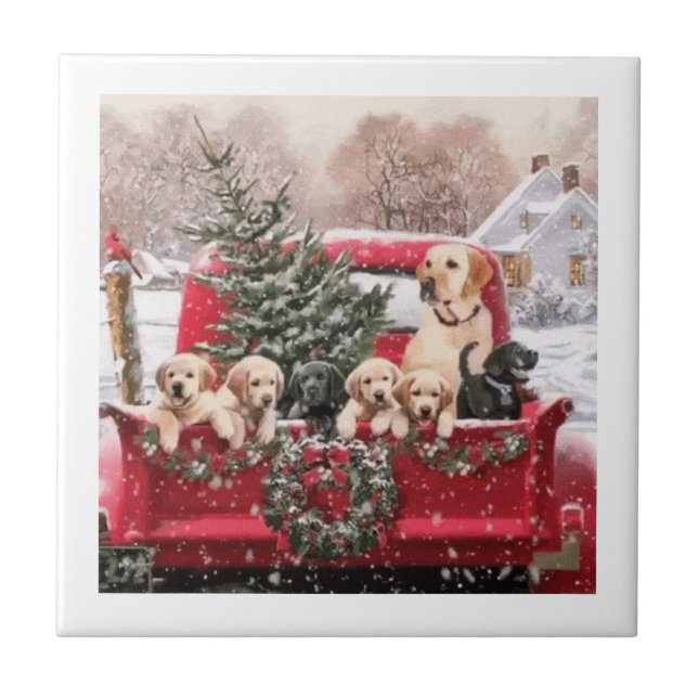 Niedlicher Retro Red Truck mit Welpen Hunde Fliese (Vorderseite)