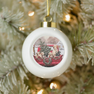Niedlicher Retro Red Truck mit Welpen Hunde Keramik Kugel-Ornament
