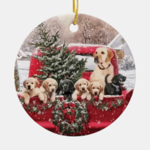 Niedlicher Retro Red Truck mit Welpen Hunde Keramik Ornament