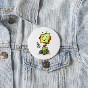 Niedlicher Retro Robot Cartoon Fun KI Tech Digital Button