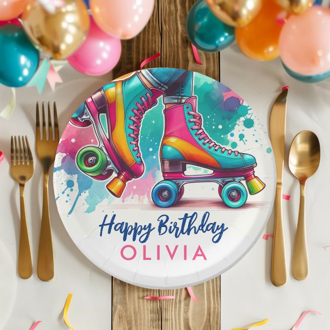 Niedlicher Retro Roller Skate Geburtstag Pappteller (Colorful birthday plate with roller skate design amidst party decor.)