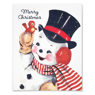 Niedlicher Retro Snowman und Red Bird Wall Kunst Fotodruck