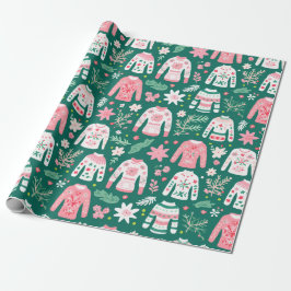 Niedlicher Retro-Ugly Sweater Pink und Grüner Spaß Geschenkpapier