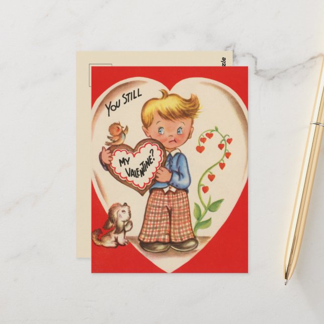 Niedlicher Retro-Vintager Valentinjunge Postkarte (Vorderseite/Rückseite Beispiel)