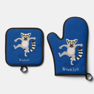 Niedlicher Ring Schwanz lemur Tanz Cartoon Abbildu Ofenhandschuh & Topflappen-Set