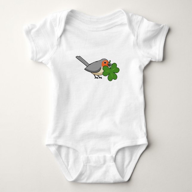 Niedlicher Robin mit Kleeblatt Clover Cartoon Baby Strampler (Vorderseite)