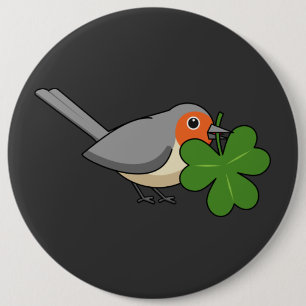 Niedlicher Robin mit Kleeblatt Clover Cartoon Button