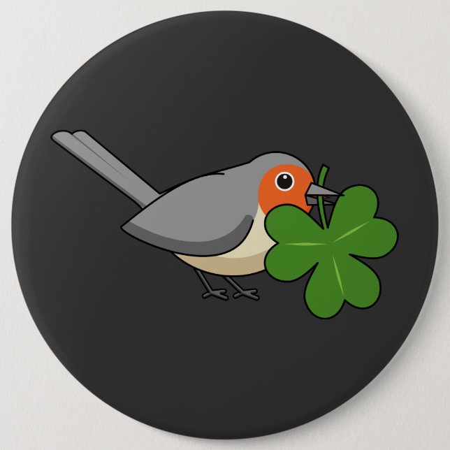 Niedlicher Robin mit Kleeblatt Clover Cartoon Button (Vorderseite)