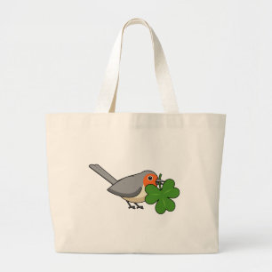 Niedlicher Robin mit Kleeblatt Clover Cartoon Jumbo Stoffbeutel